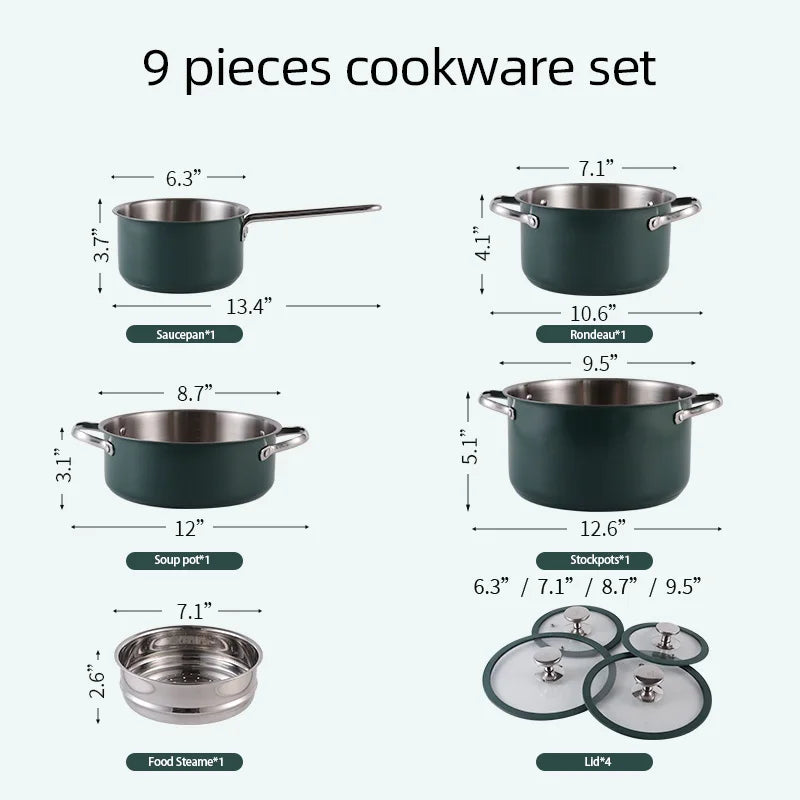 4pcs Stainless Steel Ceramic Coated Pot Set, Including 1 Milk Pot, 2 Stockpots, 1 Non-stick Pan, 4 LIDS and 1 Steamer Green