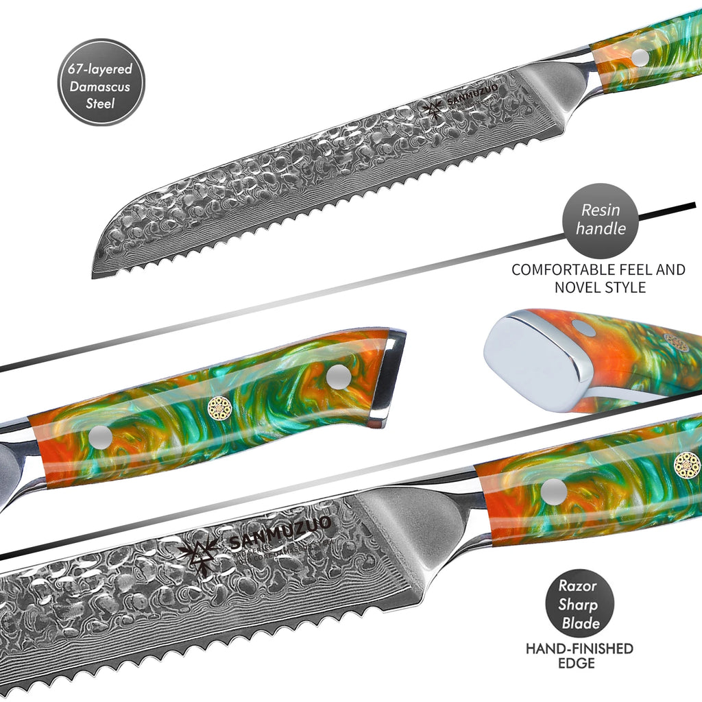 8-Inch Forged Damascus Steel Kitchen Knife with Resin Handle Serrated Bread Knife Metal Resin Handle Kitchen Serrated Knives