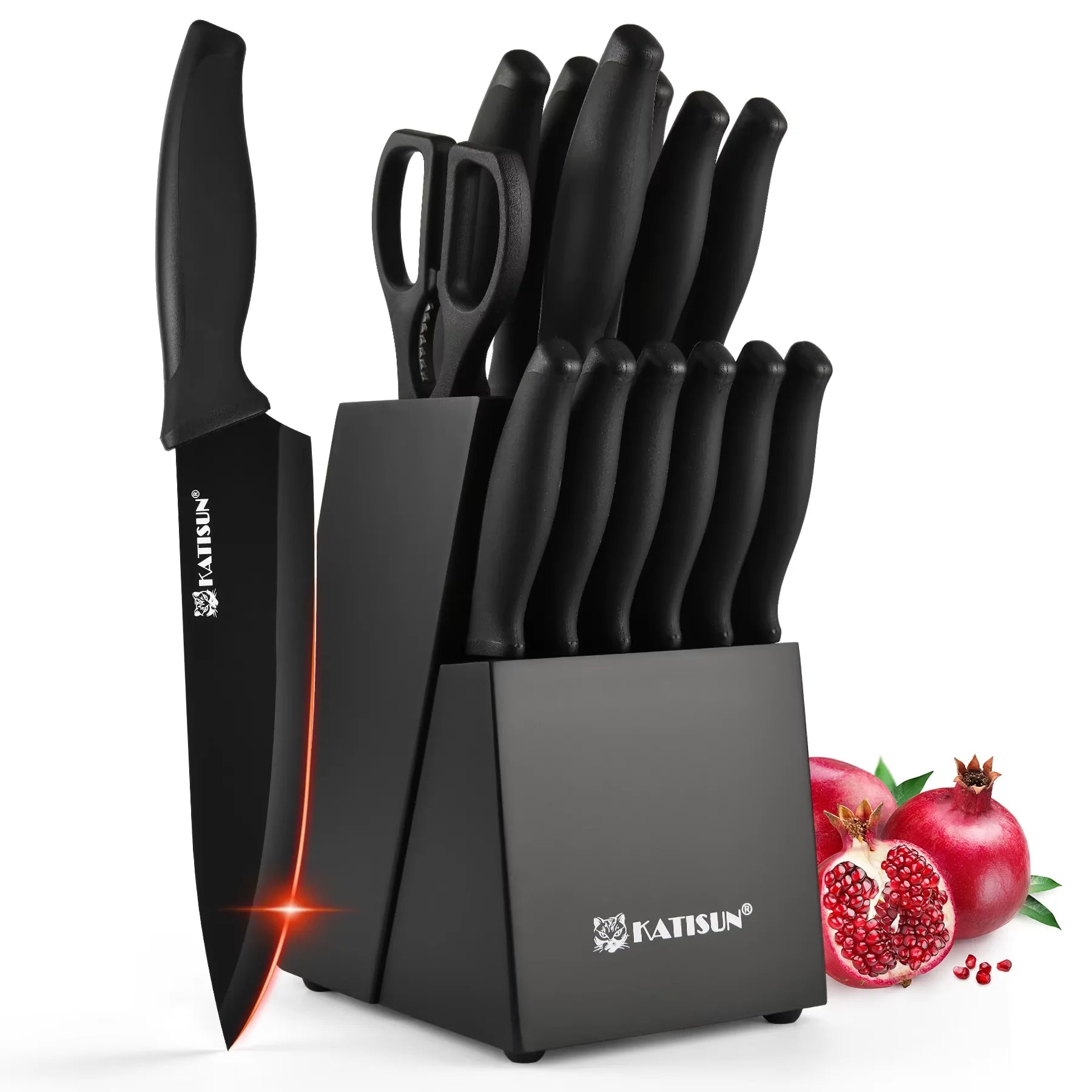 15 Pieces Black Anti-Slip Handle Carbon Steel Blade Kitchen Knife Set with Sharpener Chicken Bone Scissors