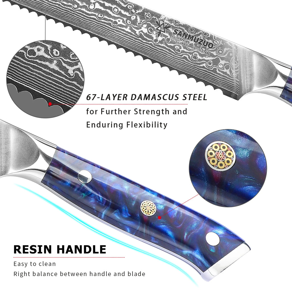 A Serrated Damascus Bread Knife with a Resin Handle, a sharp Blade That Feels Comfortable in the Hand, and an 8-inch Blade.