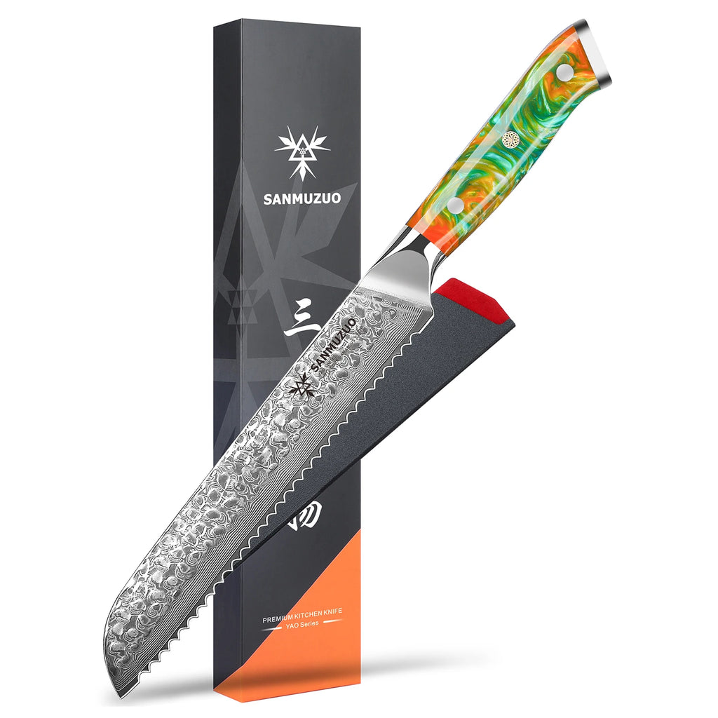 8-Inch Forged Damascus Steel Kitchen Knife with Resin Handle Serrated Bread Knife Metal Resin Handle Kitchen Serrated Knives