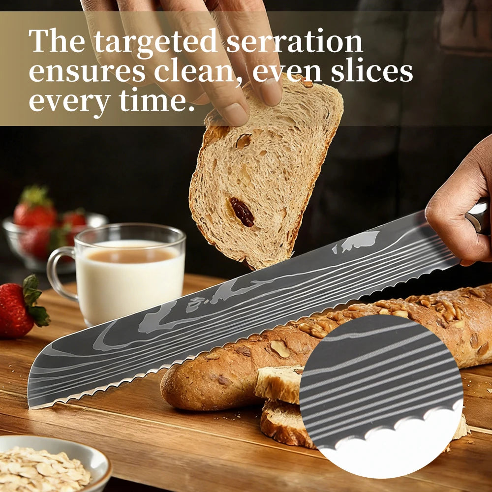 IOKO Bread Knife Pakka Wood Handle Japanese Style Chef Slicing Sushi Steak Santoku 8 Inch Bread Kitchen Knife