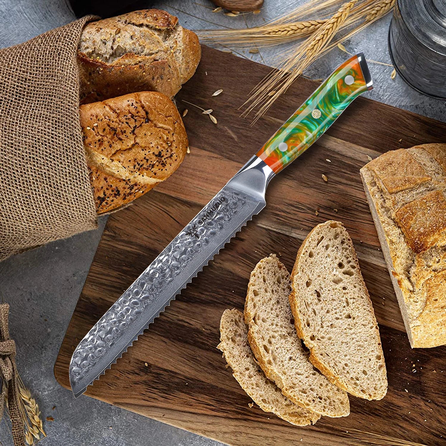 8-Inch Forged Damascus Steel Kitchen Knife with Resin Handle Serrated Bread Knife Metal Resin Handle Kitchen Serrated Knives