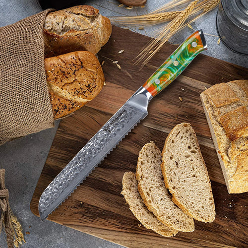 8-Inch Forged Damascus Steel Kitchen Knife with Resin Handle Serrated Bread Knife Metal Resin Handle Kitchen Serrated Knives