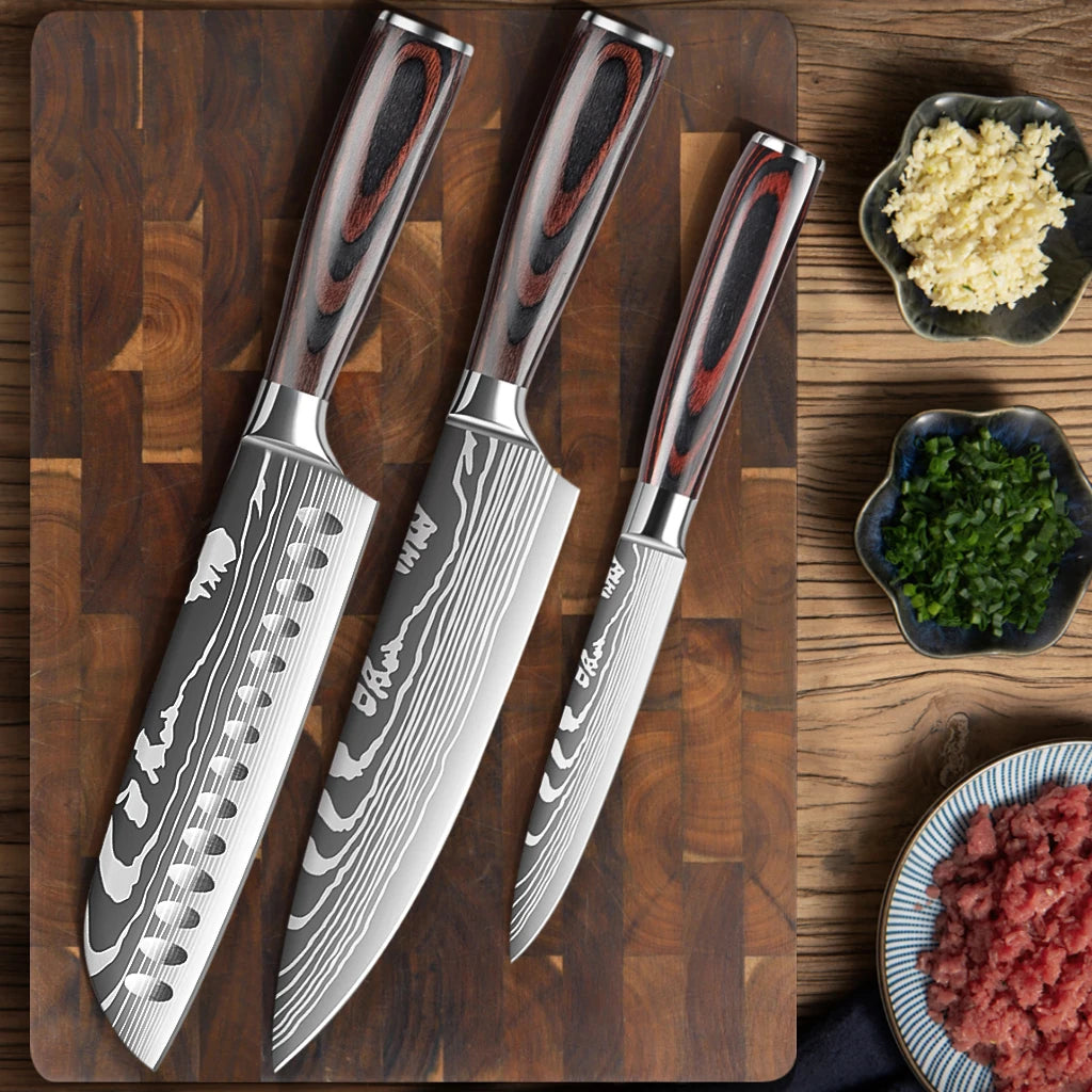 IOKO Chef Slicing Sushi Steak Santoku Knife Set Pakka Wood Handle Utility Paring Japanese Style 8 PCS Kitchen Knife Set