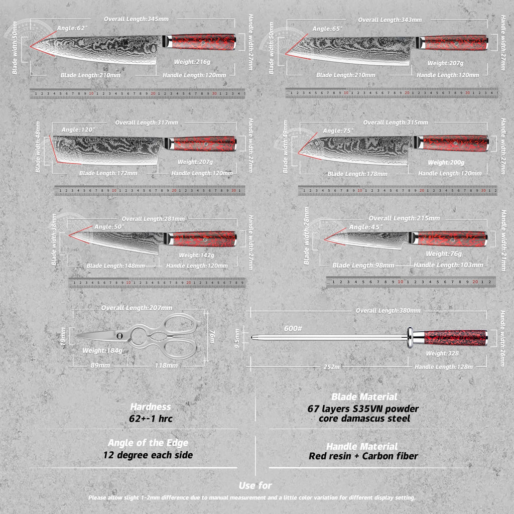 Grandsharp Kitchen Knife Sets 67 Layers Damascus S35VN Powder Core Steel Knives Set Sharp Knife with Sharpening Rod & Scissor