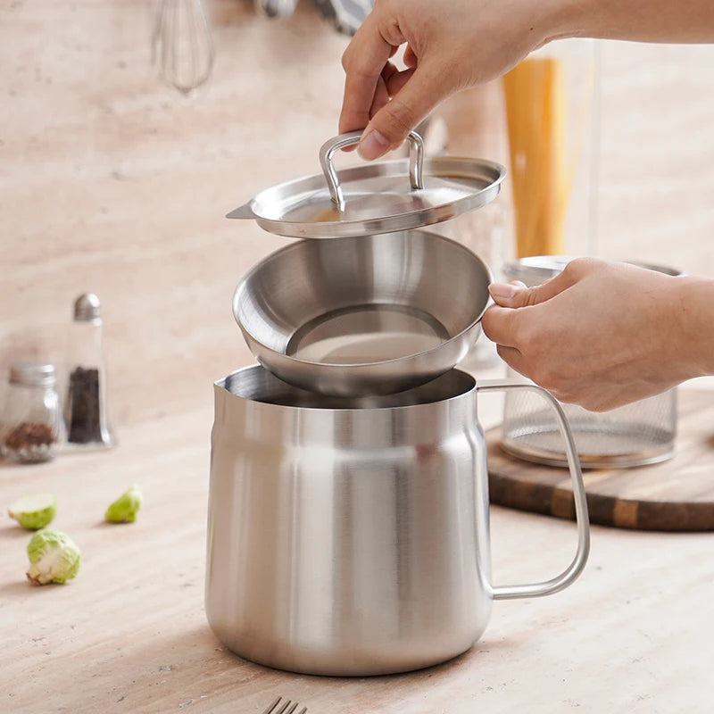 2L Stainless Steel Oil Filter Pot with Fine Mesh Strainer, Grease Storage Can, and Fry Basket