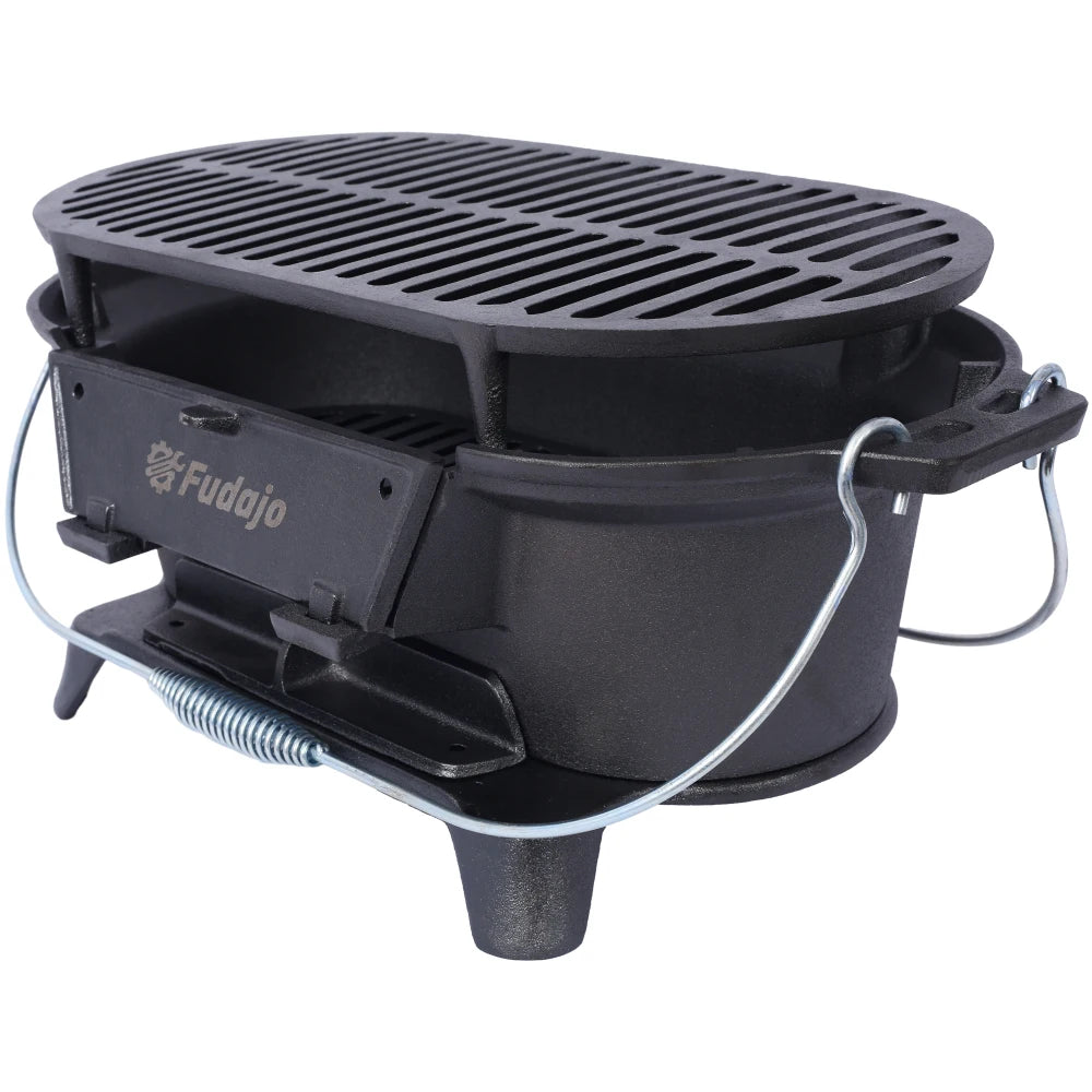 Oval Cast Iron Grill Outdoor, Portable Charcoal Grill Tabletop Cast Iron Skillet,Hibachi Grill