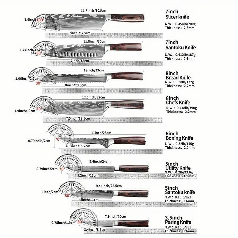 IOKO Chef Slicing Sushi Steak Santoku Knife Set Pakka Wood Handle Utility Paring Japanese Style 8 PCS Kitchen Knife Set