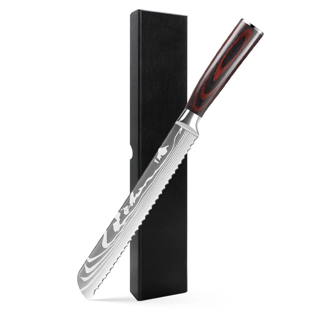 IOKO Bread Knife Pakka Wood Handle Japanese Style Chef Slicing Sushi Steak Santoku 8 Inch Bread Kitchen Knife