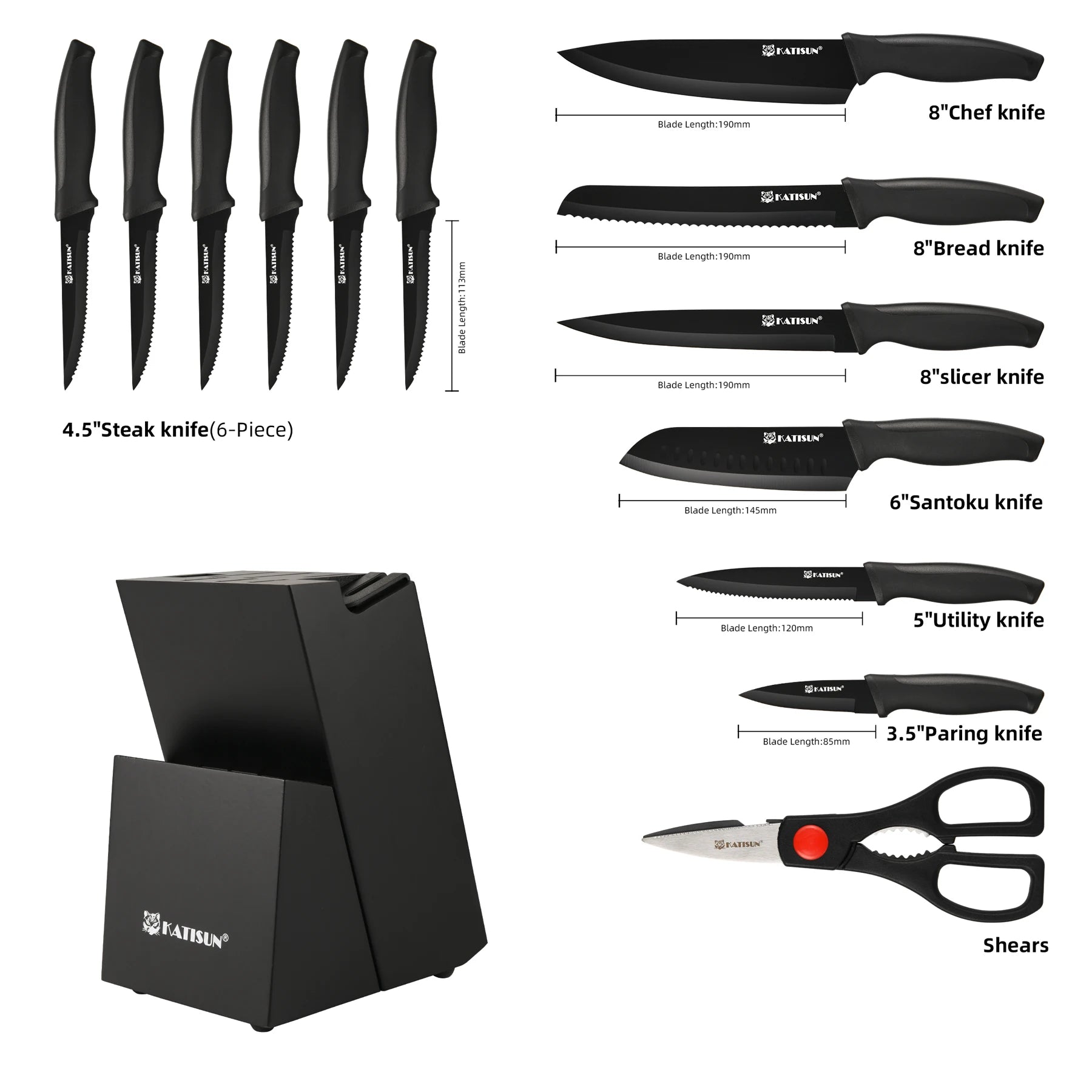 15 Pieces Black Anti-Slip Handle Carbon Steel Blade Kitchen Knife Set with Sharpener Chicken Bone Scissors