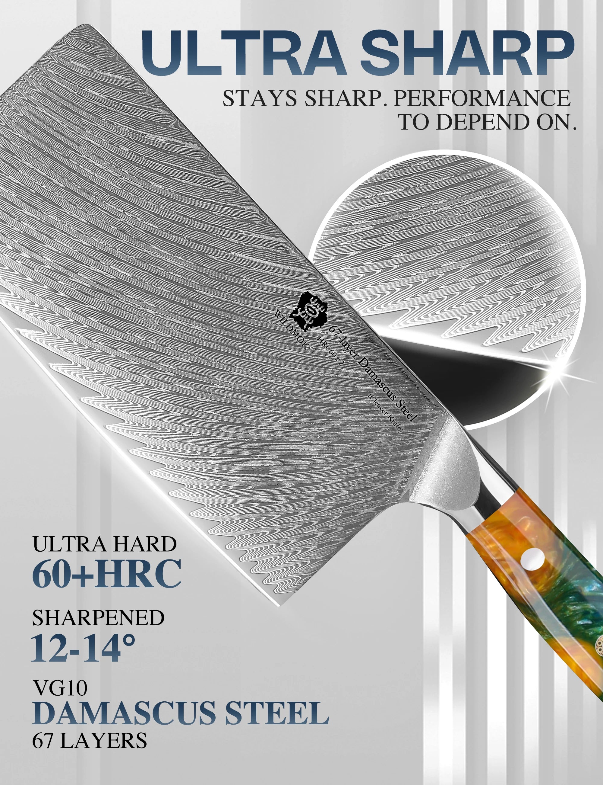 WILDMOK 67 Layers 10Cr15CoMoV Damascus Steel Kitchen Knife 7 Inch Cleaver Butcher Knife with Resin Handle