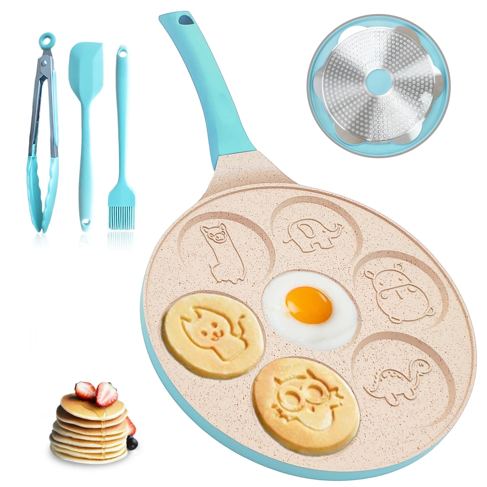 Practical Kitchen Accessories Mini Round Shape Aluminum Pancake Pan Animal Graphics Non-Stick Egg Waffle Frying Pan