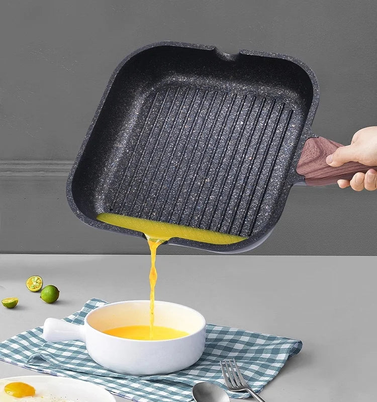 Lennon  Skillet Frying Pan Non- Stick Grill Egg Pot with Wood Handle Multi-Functional Flat Bottom Steak Cooking