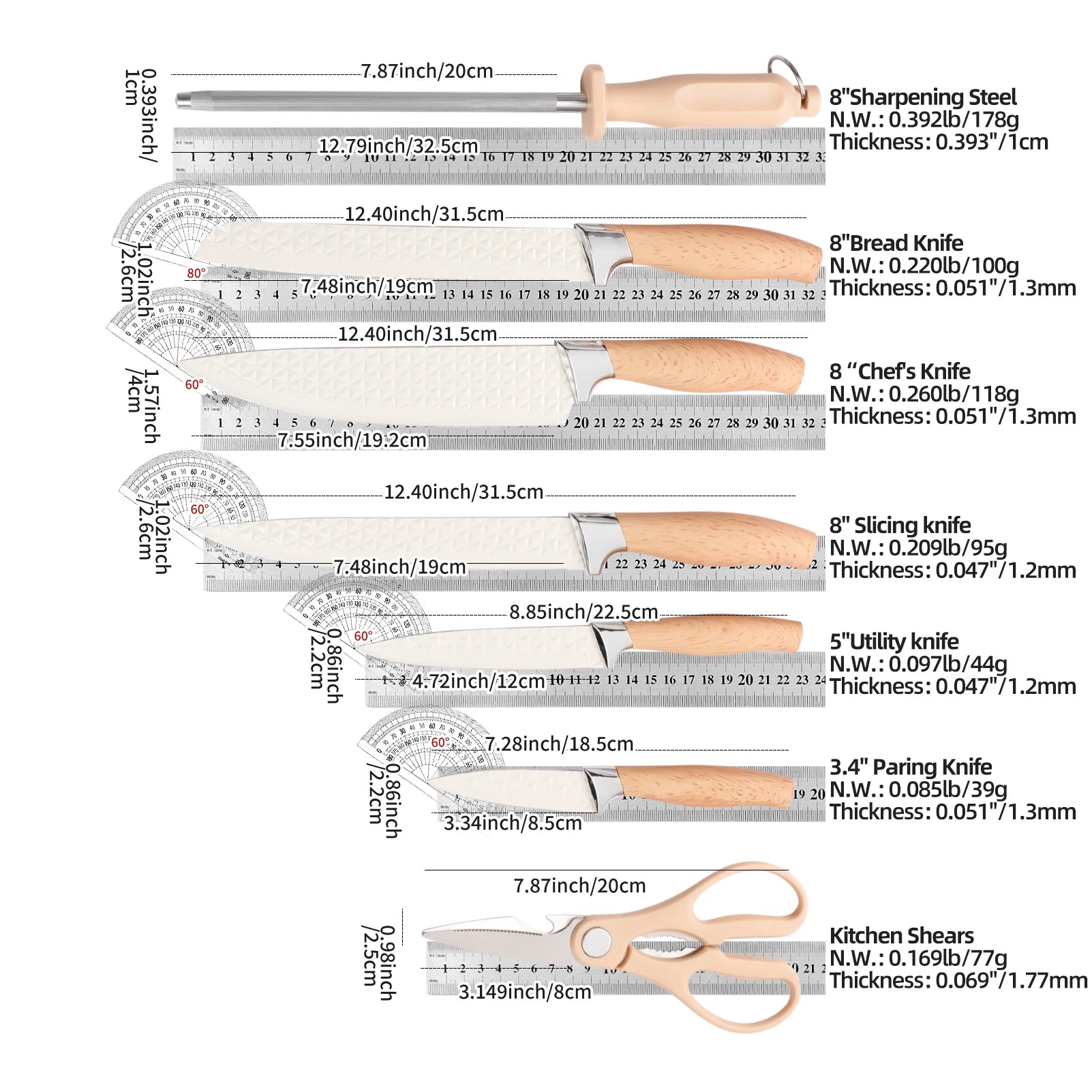 Yangjiang 7-Piece Kitchen Knife Set Plastic Holder Chef Santoku Nakiri Bread Boning Utility Fruit Slicer Knives Set