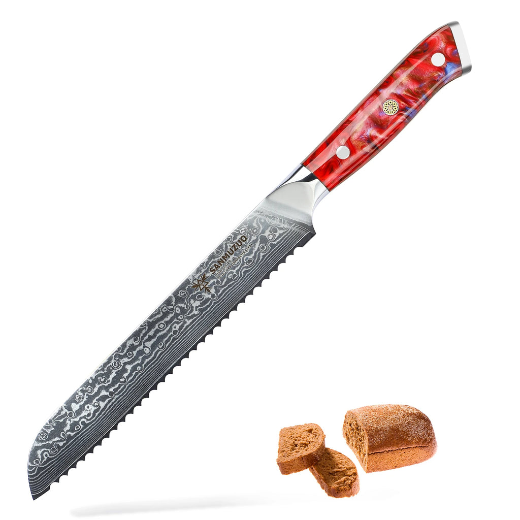 A Serrated Damascus Bread Knife with a Resin Handle, a sharp Blade That Feels Comfortable in the Hand, and an 8-inch Blade.