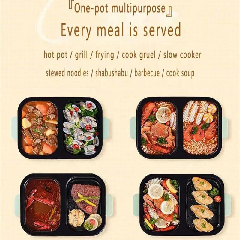2 in 1 Electric Hot Pot Stew Cooker BBQ Grill Multifunctional Non Stick Frying Pan Barbecue Plate Smokeless Roaster 110V 220V