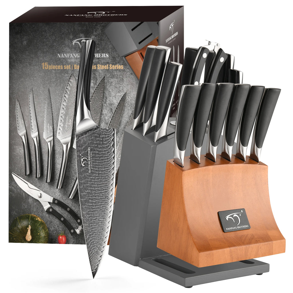 Set of 15 VG-10 Damascus Steel Knives Cutting Bread Meat Kitchen Knife Set with Scissors Sharpener Stick