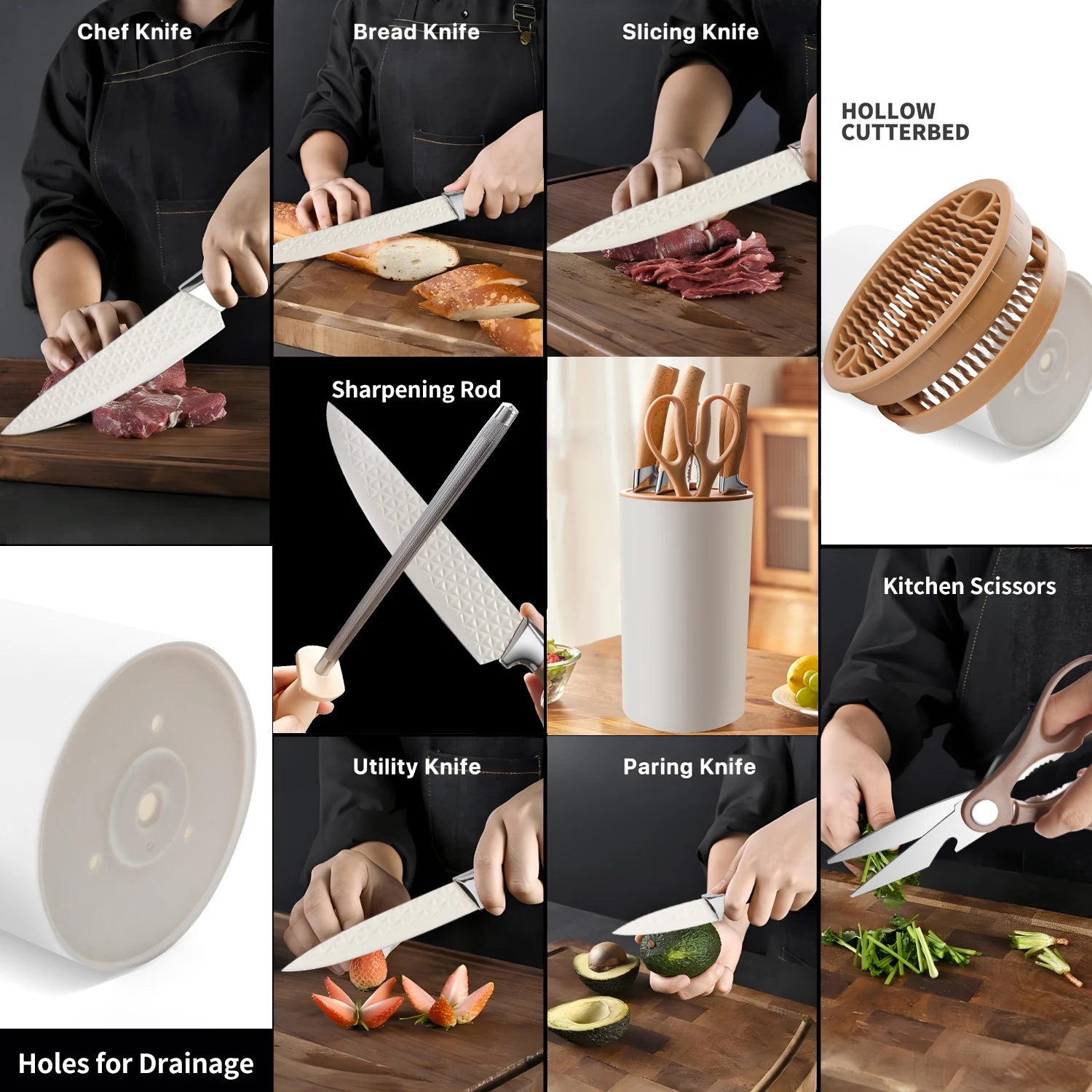 Yangjiang 7-Piece Kitchen Knife Set Plastic Holder Chef Santoku Nakiri Bread Boning Utility Fruit Slicer Knives Set