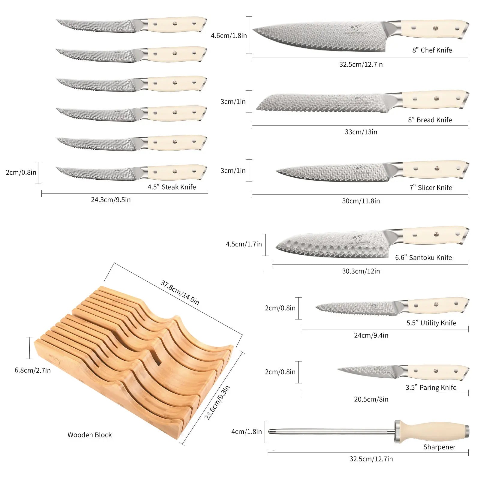 Brand New Damascus Non-Stick Chef Butcher Knife Set With Bamboo Drawer Block,14 PCS Kitchen Knife Set with ABS Handle