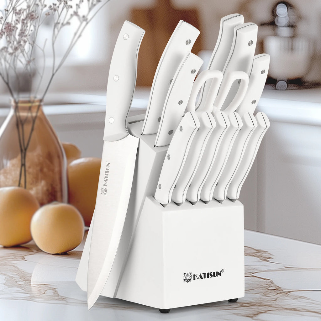15-Piece White Kitchen Knife Set with Built-in Sharpening Stone, Ergonomic Triple Rivet Fixed ABS Handle, Dishwasher Safe