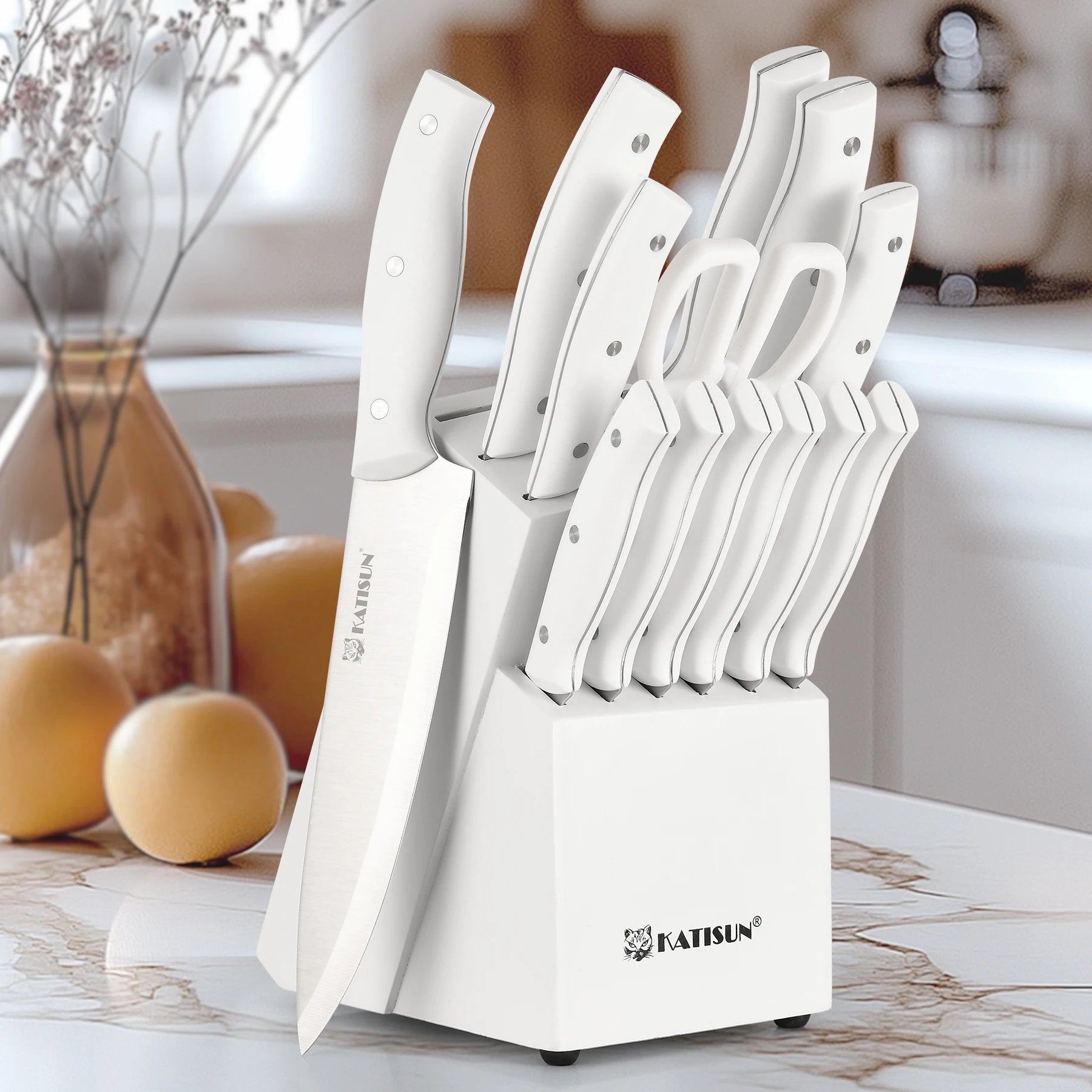 15-Piece White Kitchen Knife Set with Built-in Sharpening Stone, Ergonomic Triple Rivet Fixed ABS Handle, Dishwasher Safe