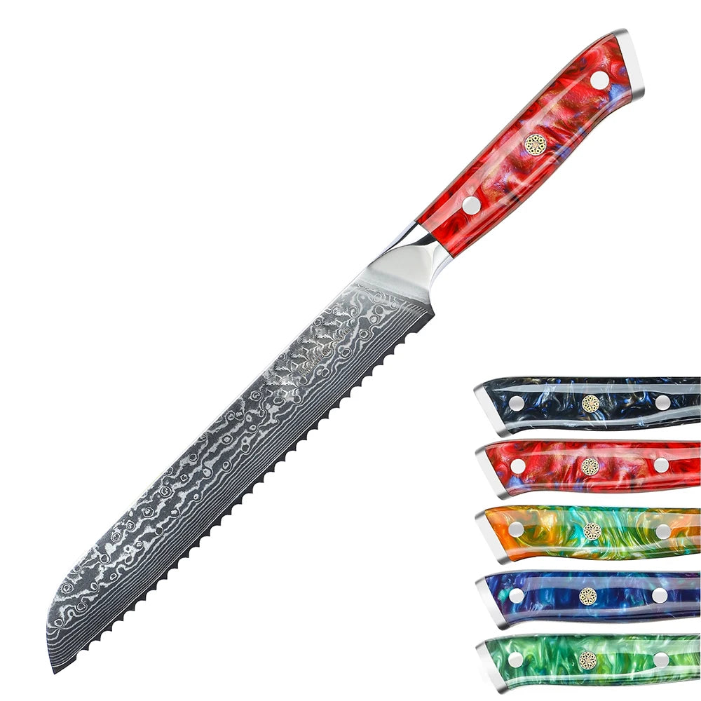A Serrated Damascus Bread Knife with a Resin Handle, a sharp Blade That Feels Comfortable in the Hand, and an 8-inch Blade.