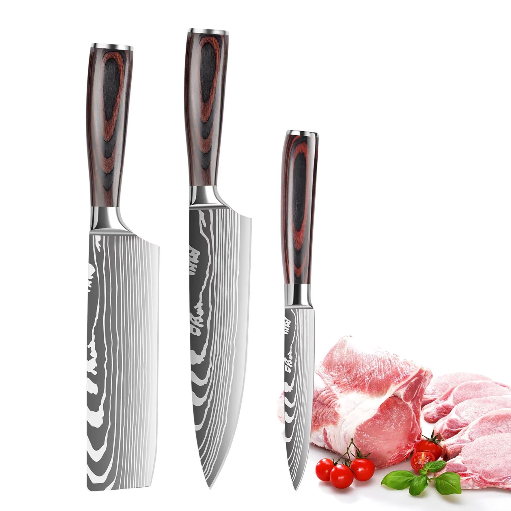 IOKO 3 PCS Japanese Style Kitchen Knife Set Pakka Wood Handle Slicing Sushi Steak Santoku Chef Utility Paring Kitchen Knife Set