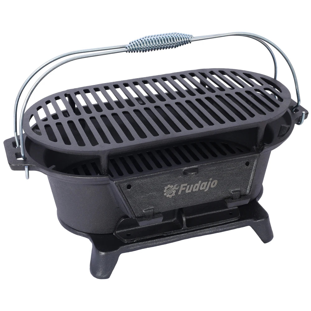 Oval Cast Iron Grill Outdoor, Portable Charcoal Grill Tabletop Cast Iron Skillet,Hibachi Grill
