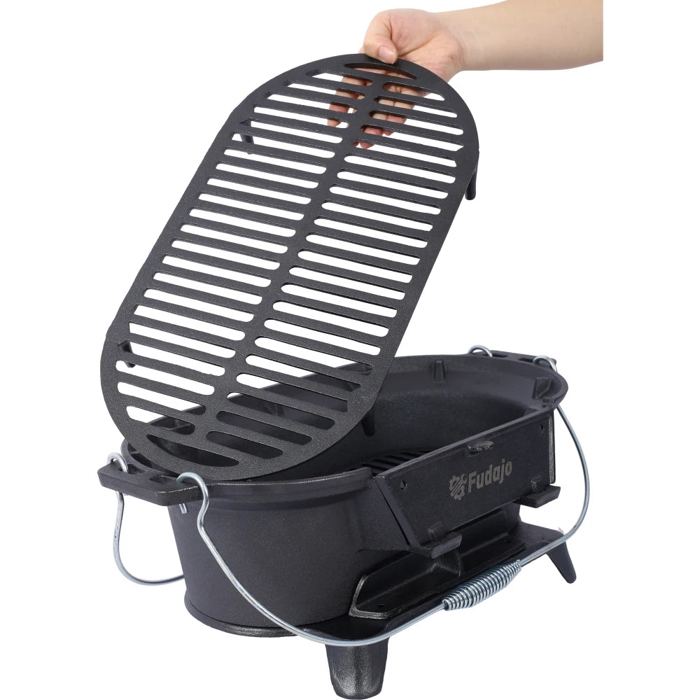 Oval Cast Iron Grill Outdoor, Portable Charcoal Grill Tabletop Cast Iron Skillet,Hibachi Grill