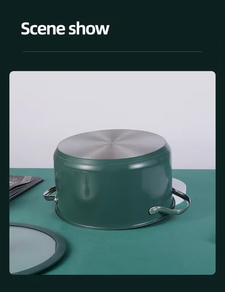 4pcs Stainless Steel Ceramic Coated Pot Set, Including 1 Milk Pot, 2 Stockpots, 1 Non-stick Pan, 4 LIDS and 1 Steamer Green