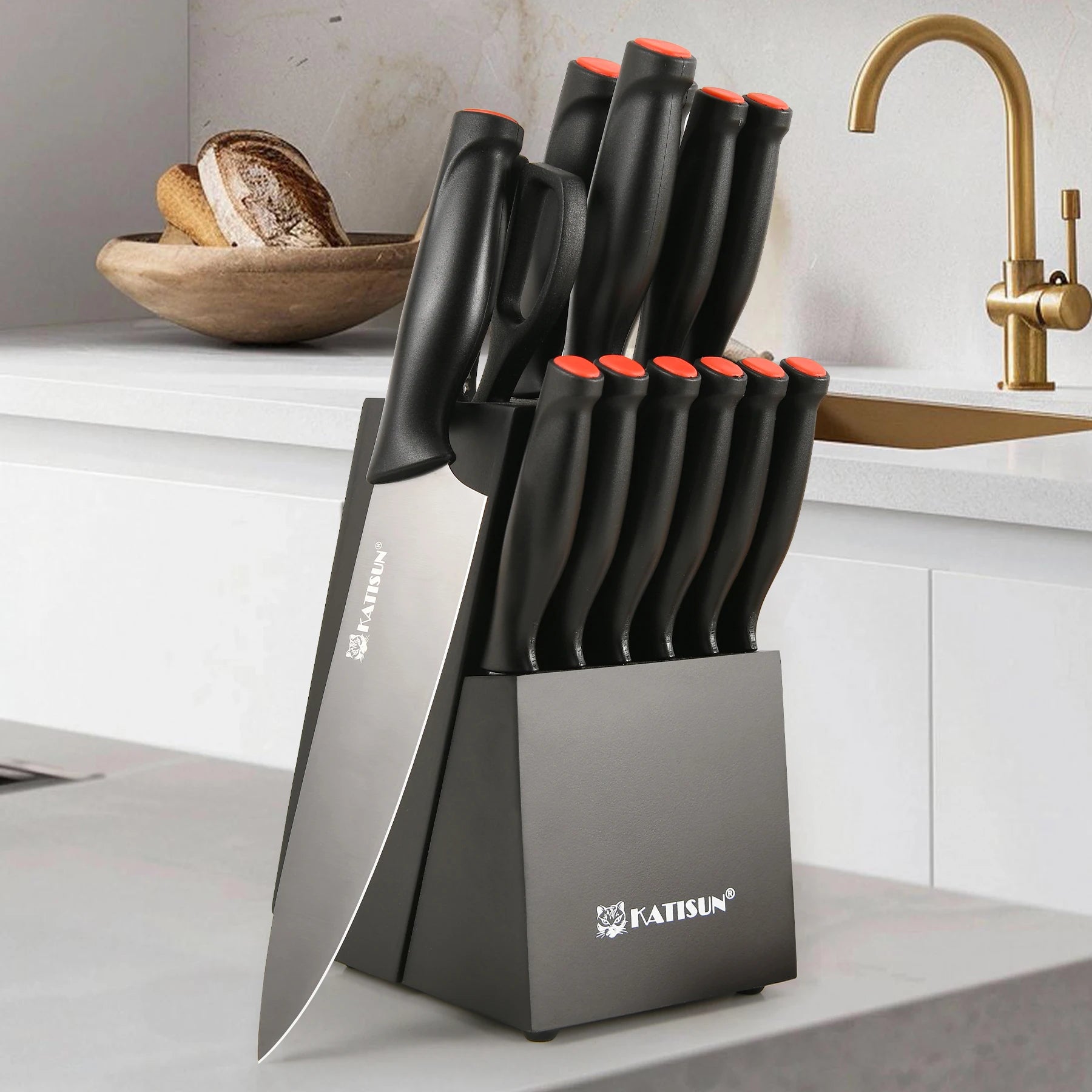 15 Pieces Meat Cutting Knives Set Carbon Steel Kitchen Knife Set with Wooden Block