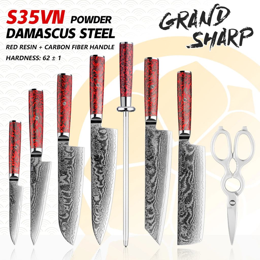 Grandsharp Kitchen Knife Sets 67 Layers Damascus S35VN Powder Core Steel Knives Set Sharp Knife with Sharpening Rod & Scissor