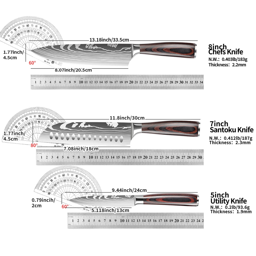 IOKO 3 PCS Japanese Style Kitchen Knife Set Pakka Wood Handle Slicing Sushi Steak Santoku Chef Utility Paring Kitchen Knife Set