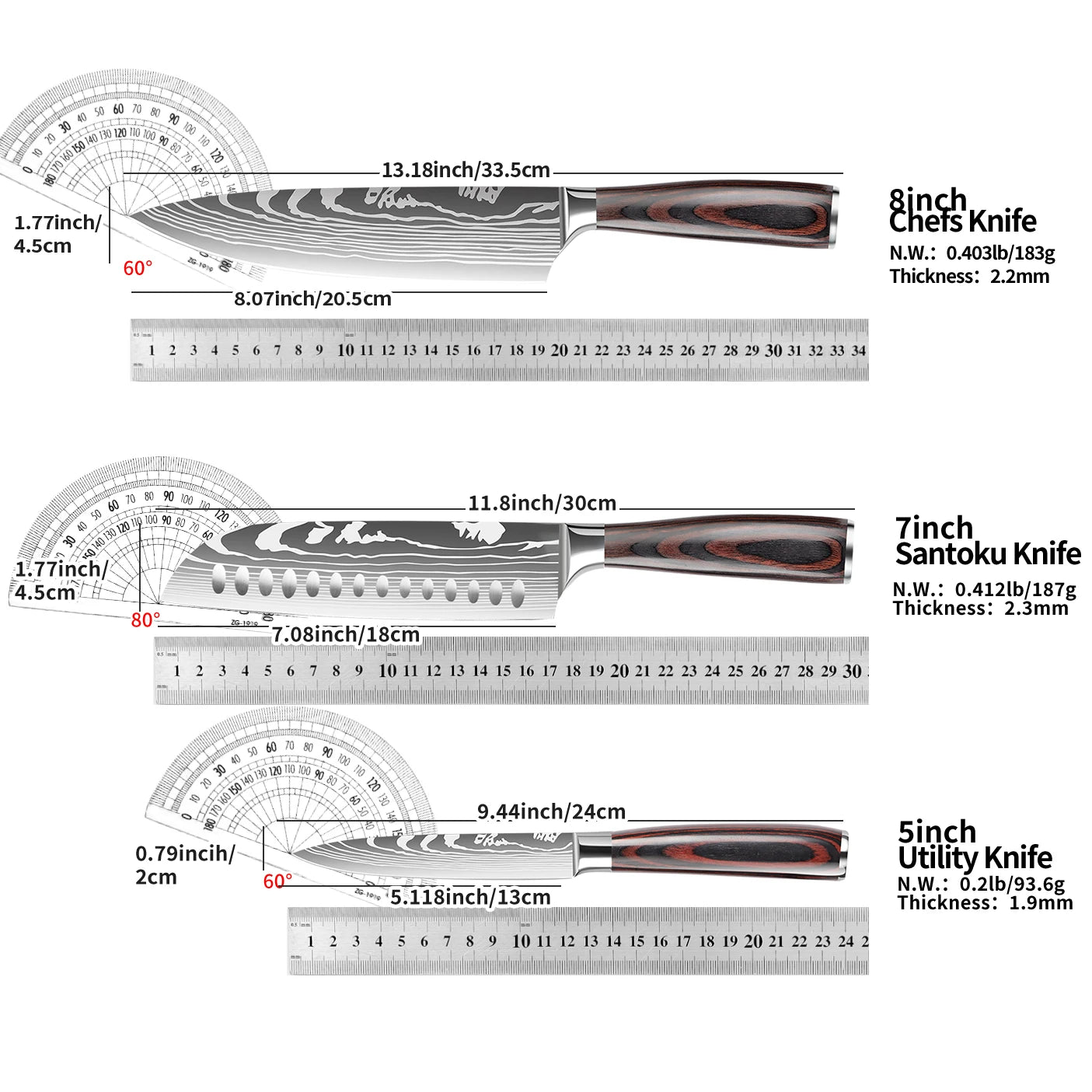 IOKO 3 PCS Japanese Style Kitchen Knife Set Pakka Wood Handle Slicing Sushi Steak Santoku Chef Utility Paring Kitchen Knife Set