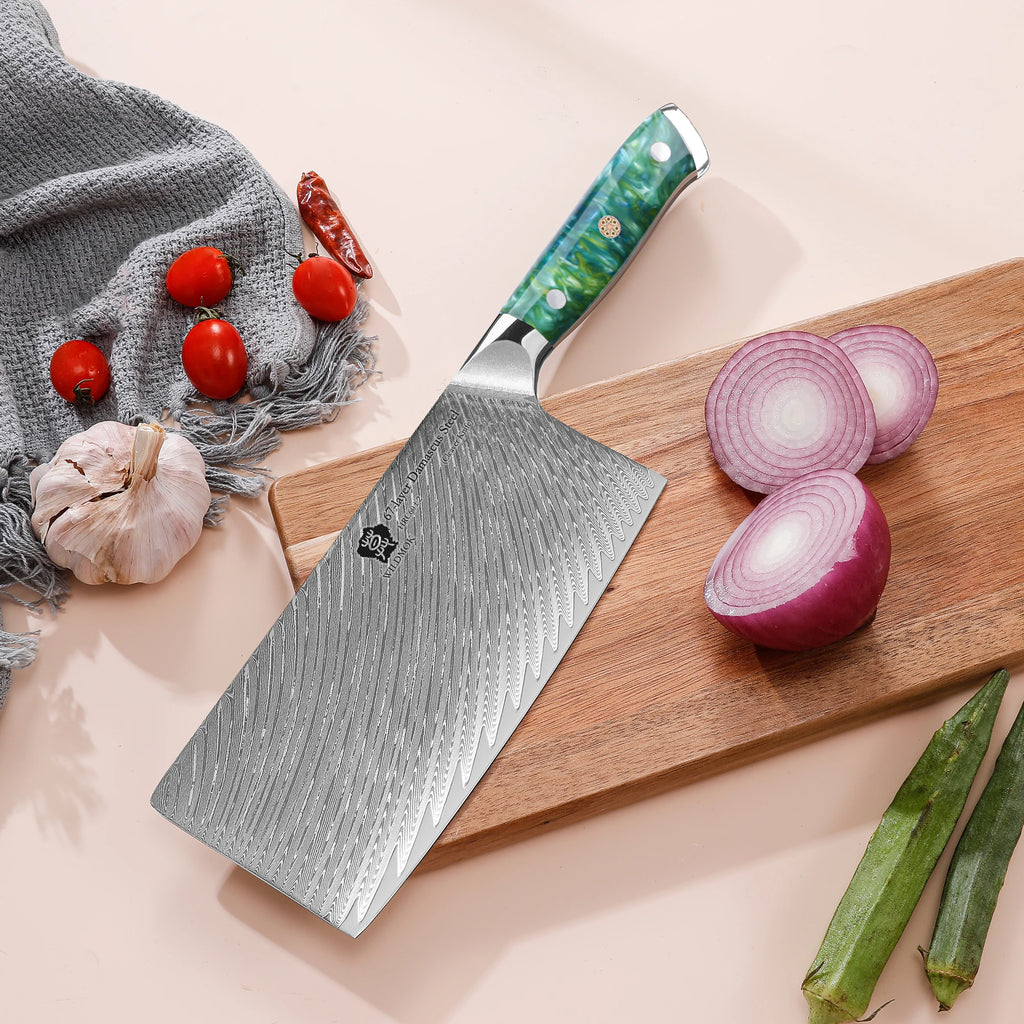 WILDMOK 67 Layers 10Cr15CoMoV Damascus Steel Kitchen Knife 7 Inch Cleaver Butcher Knife with Resin Handle