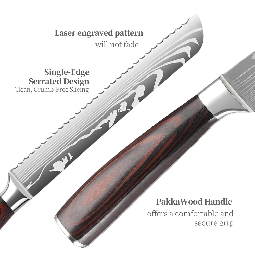 IOKO Bread Knife Pakka Wood Handle Japanese Style Chef Slicing Sushi Steak Santoku 8 Inch Bread Kitchen Knife