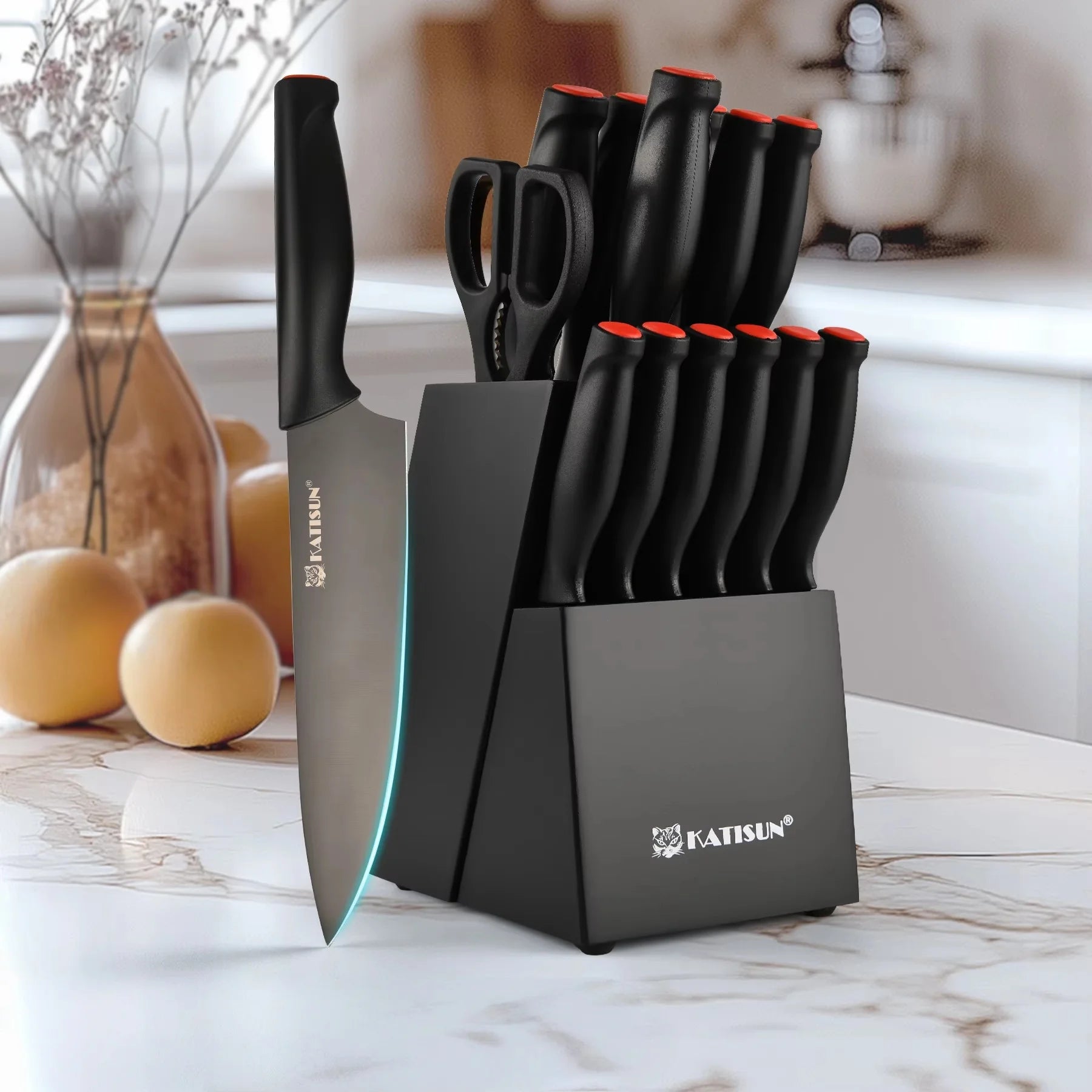 15 Pieces Meat Cutting Knives Set Carbon Steel Kitchen Knife Set with Wooden Block