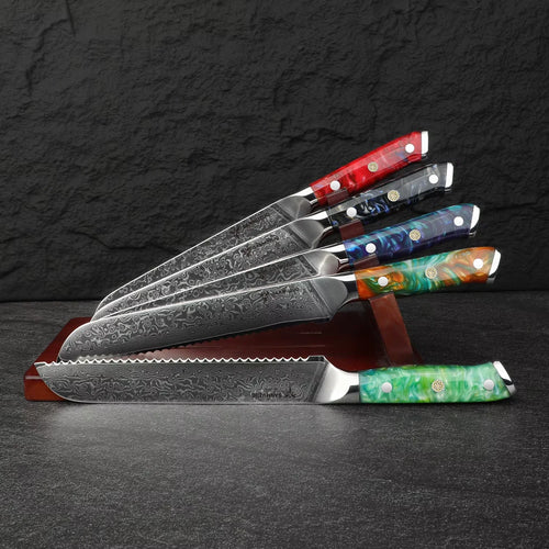 A Serrated Damascus Bread Knife with a Resin Handle, a sharp Blade That Feels Comfortable in the Hand, and an 8-inch Blade.