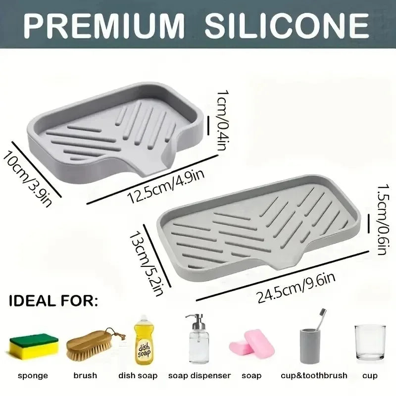 Silicone Sink Organizer Tray with Drain, Soap Sponge Holder, Scrubber Brush Storage, Countertop Kitchen Organizer