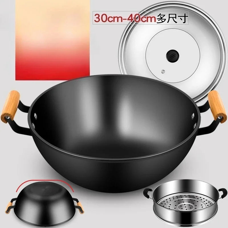 Thickened double ear iron pan frying pan, household deep stew pan, flat bottomed non stick pan, induction cooker frying pan