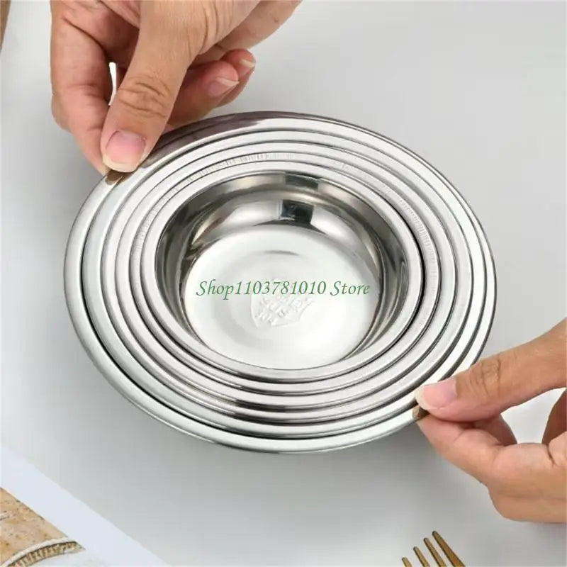 U55D 4Pcs Stainless Steels Serving Dishes Round Sauce Dipping Bowl Fruit Dessert Plate Serving Tray Flat Plate Dinnerware