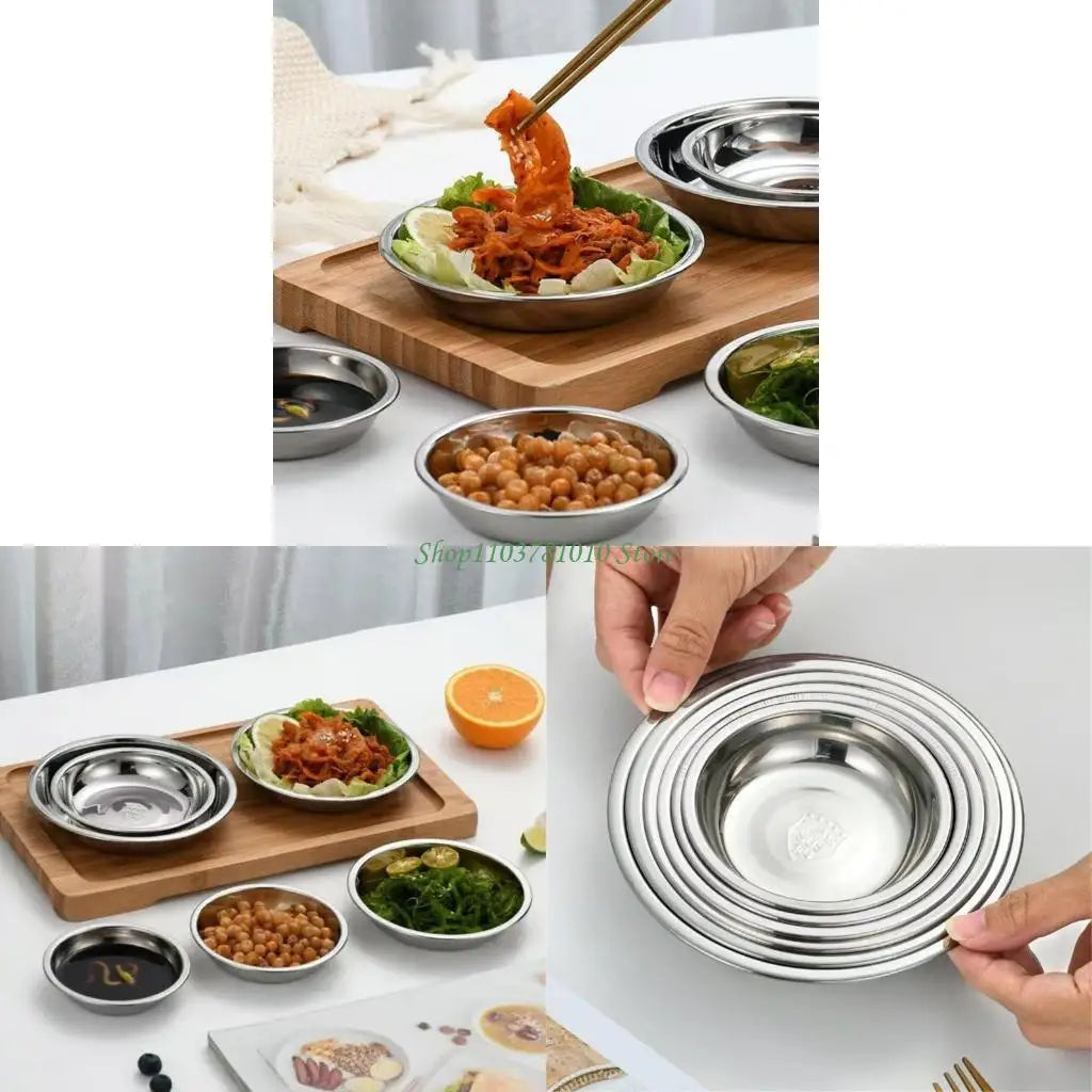 U55D 4Pcs Stainless Steels Serving Dishes Round Sauce Dipping Bowl Fruit Dessert Plate Serving Tray Flat Plate Dinnerware