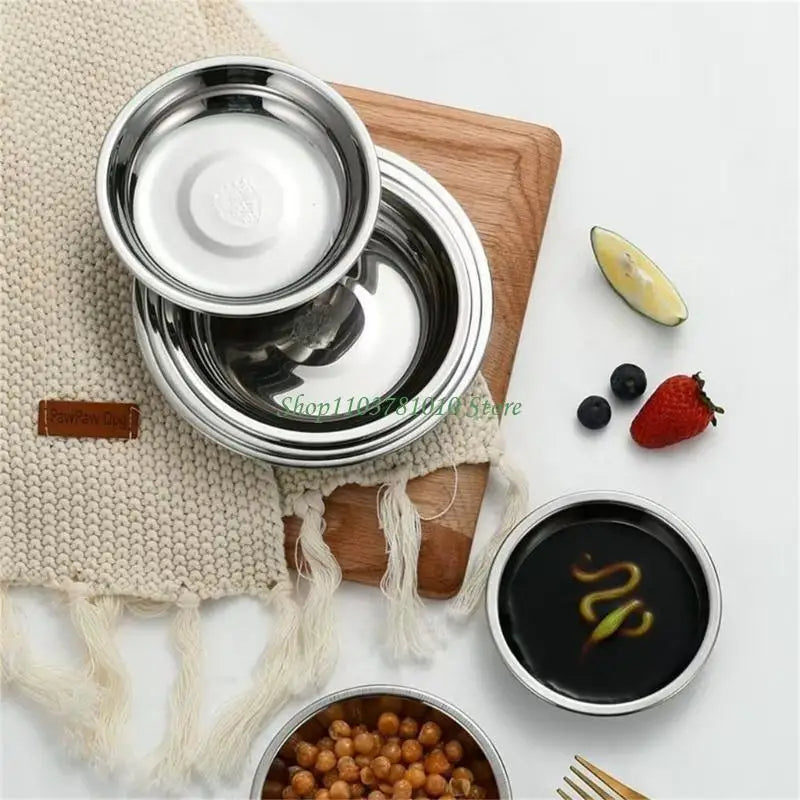 U55D 4Pcs Stainless Steels Serving Dishes Round Sauce Dipping Bowl Fruit Dessert Plate Serving Tray Flat Plate Dinnerware