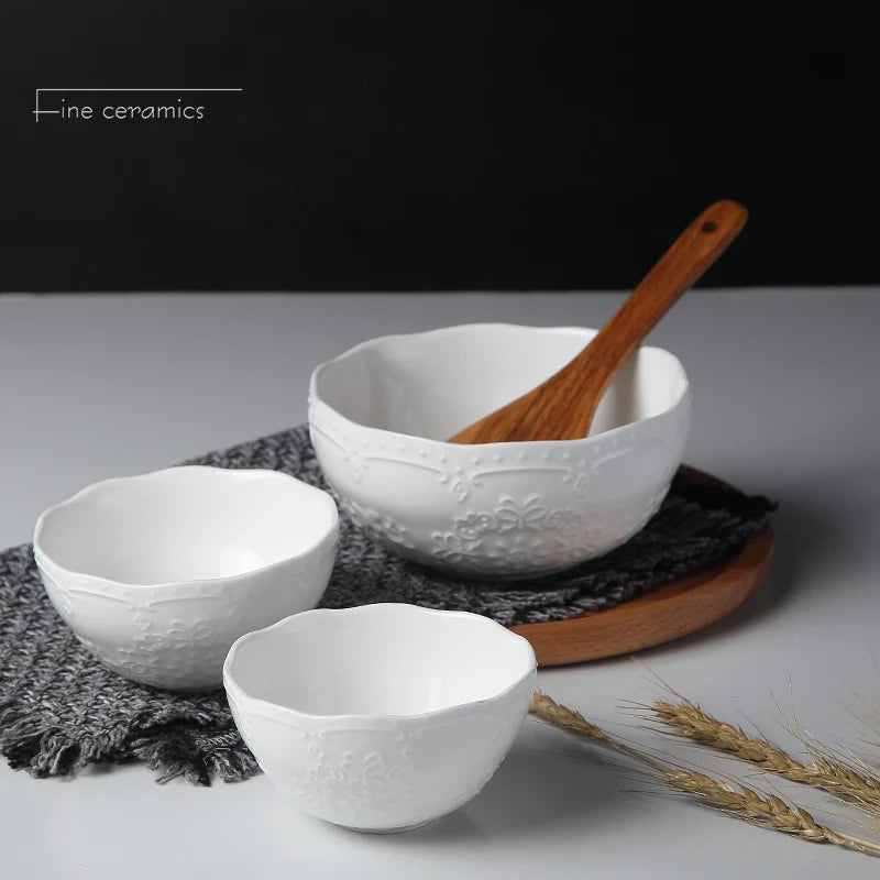 4/5/6inch, white embossed porcelain salad bowls, ceramic cooking food bowl, japanese rice bowl , kitchen food container, small