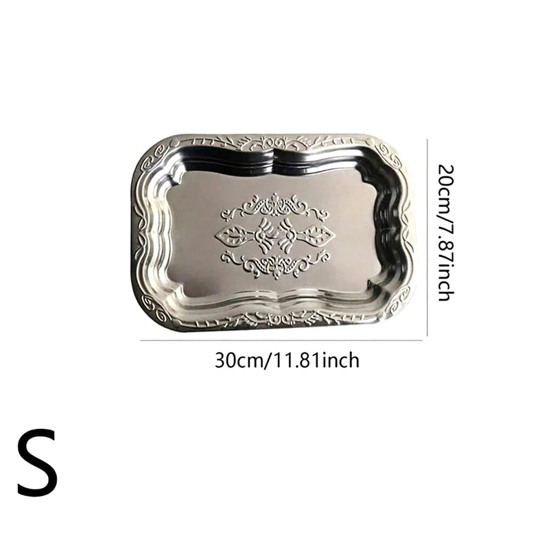 ♥Vintage Engraved Stainless Steel Serving Trays - Decorative Rectangle Platter for Party, Dining & Home Decor