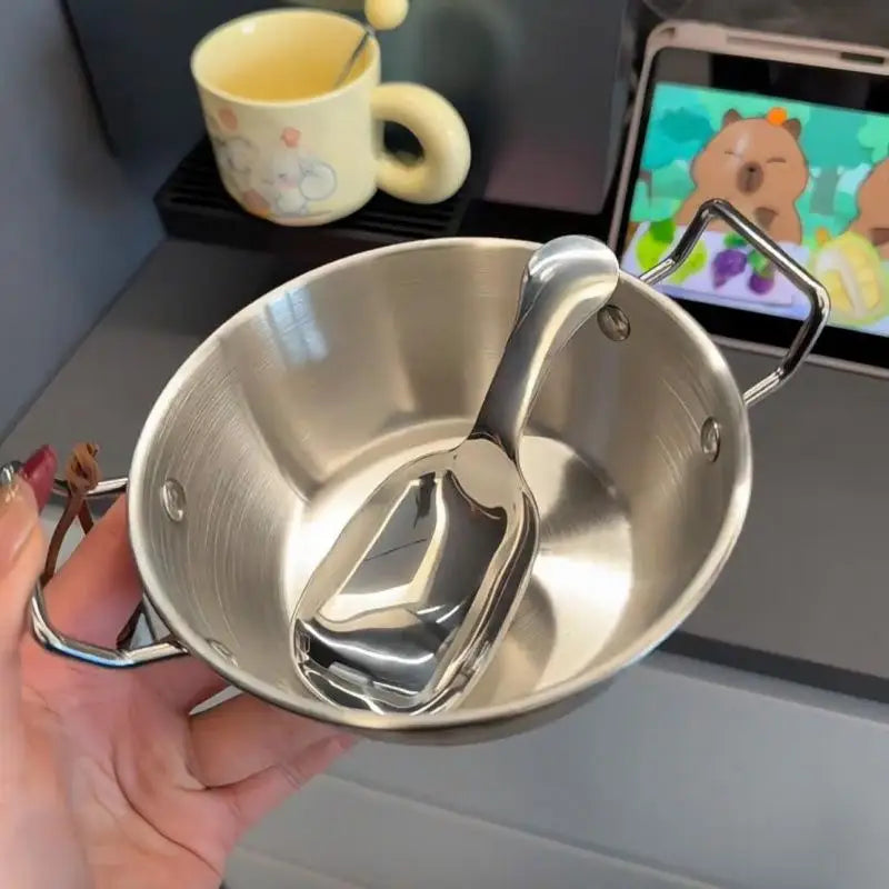 Superior Stainless Steel Food Serving Bowl; Handy Handle for Rice, Wine & Sauces