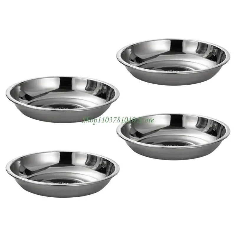 U55D 4Pcs Stainless Steels Serving Dishes Round Sauce Dipping Bowl Fruit Dessert Plate Serving Tray Flat Plate Dinnerware