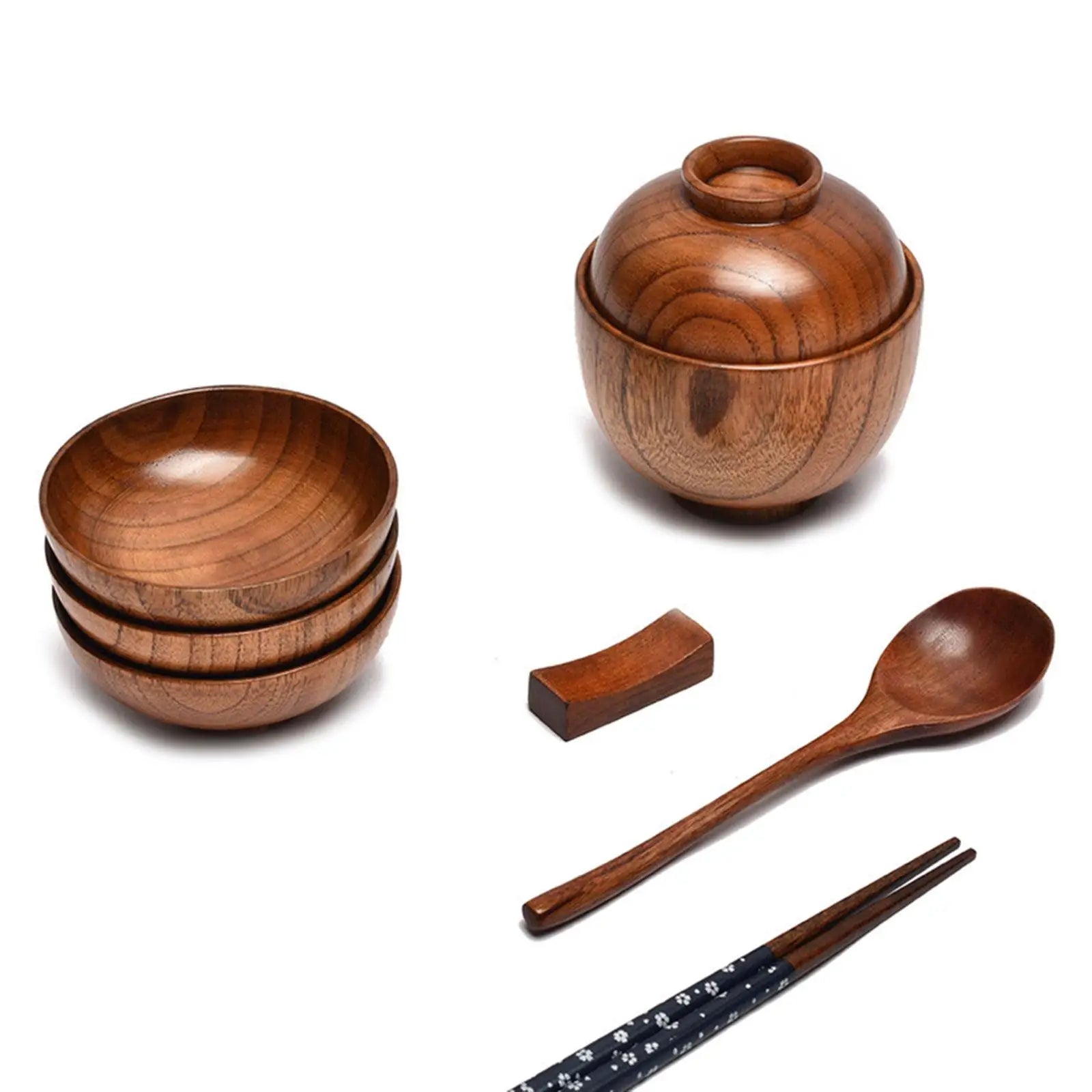 Wooden Bowl with Lid Rice Serving Bowl Food Container Tableware Food Utensil Small Wooden Bowls