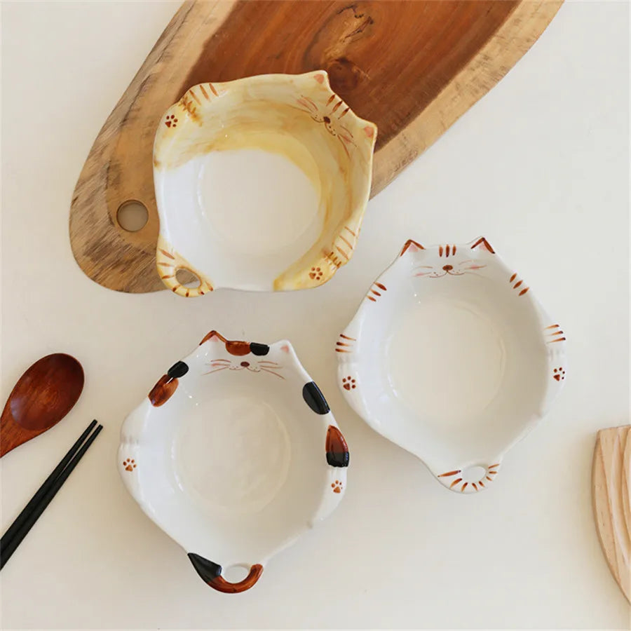 Ceramic salad bowl, creative hand drawn kitten bowl, 330ml/11oz cute fruit salad bowl